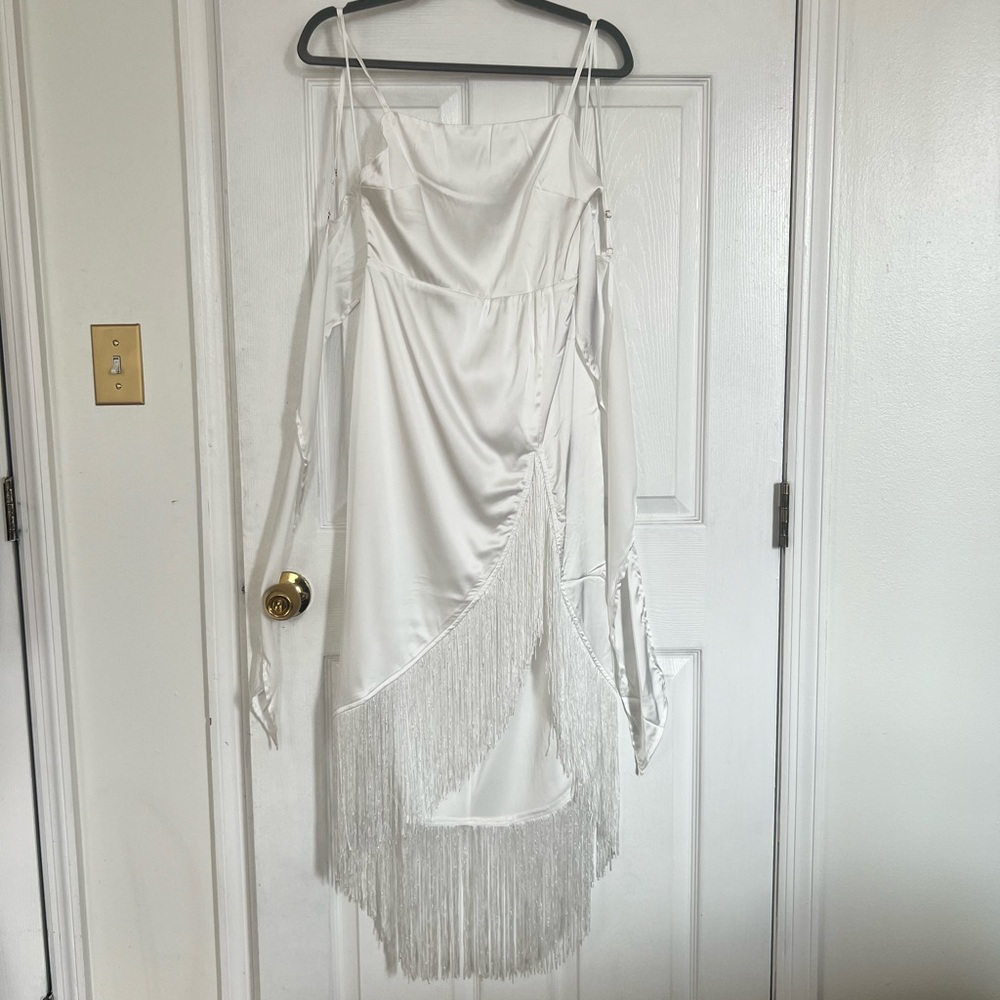 12th Tribe Monet White Fringe Satin Maxi Dress Size S